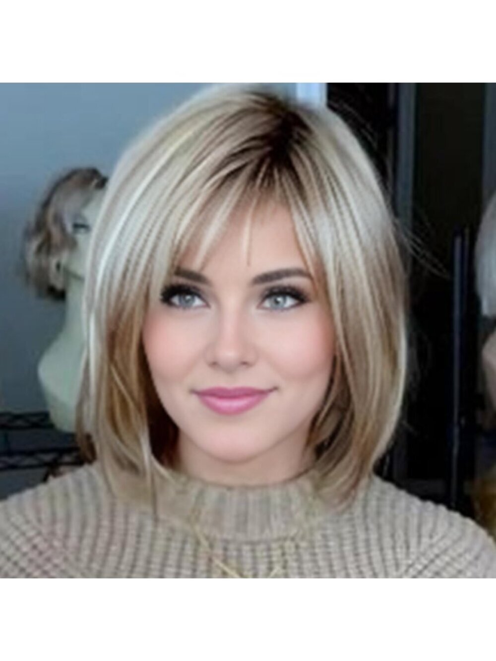 Women's Blonde 12 Inch Mid Length Heat Synthetic Straight Layered Bob Wigs